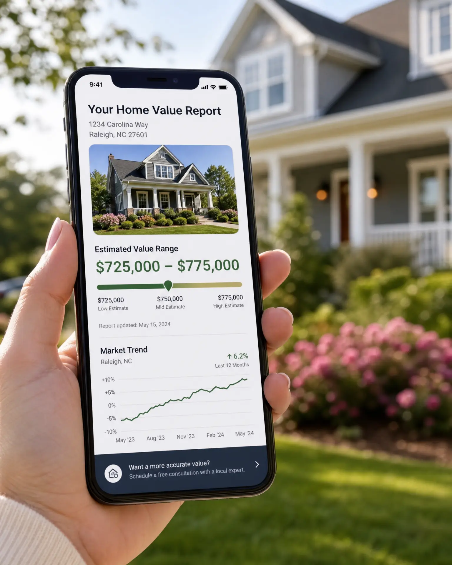 A homeowner viewing their True North home value report on a phone, showing an estimated value range and 12-month market trend