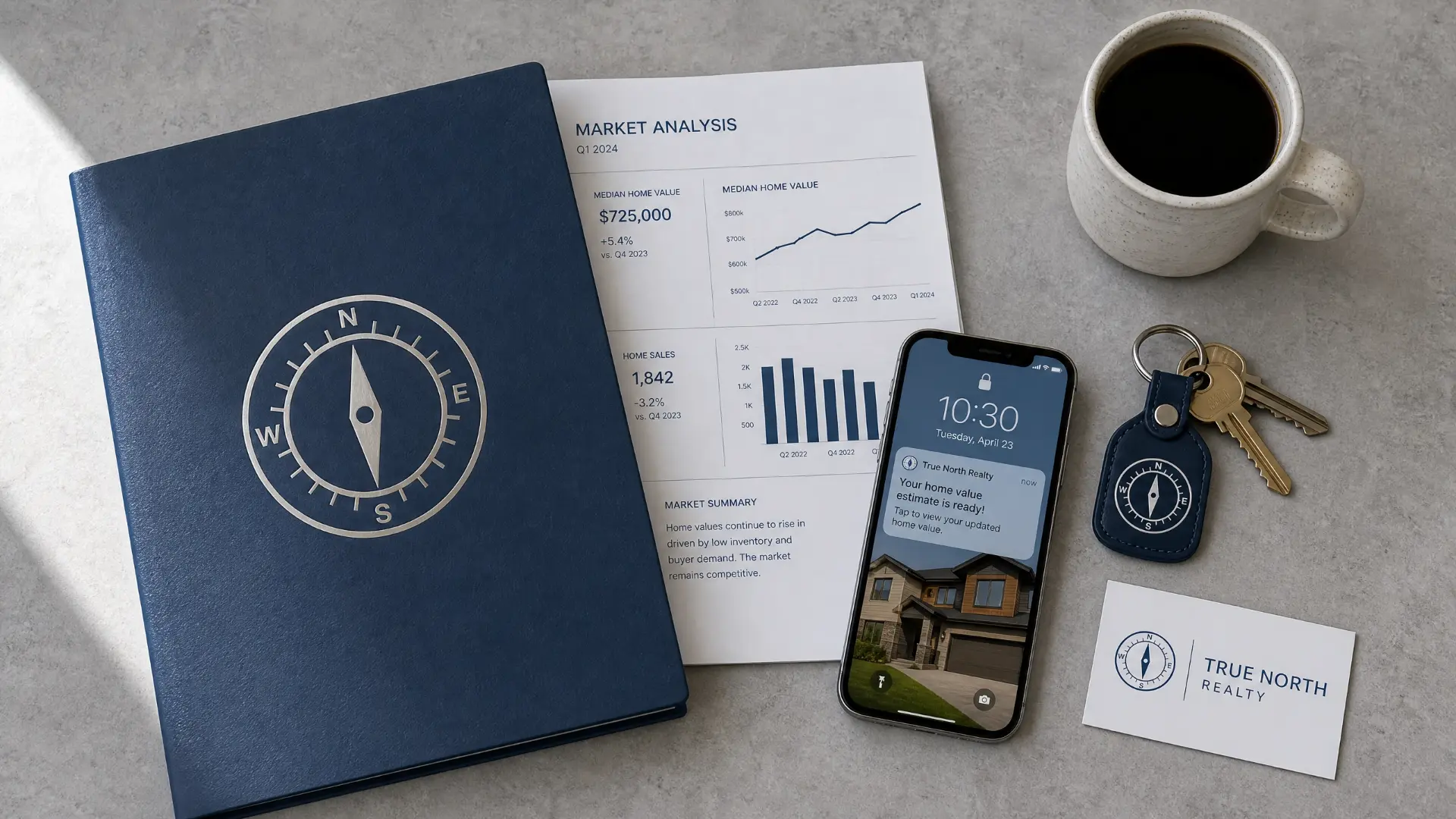 True North Realty branded market analysis report, mobile app alert, keys, and business card