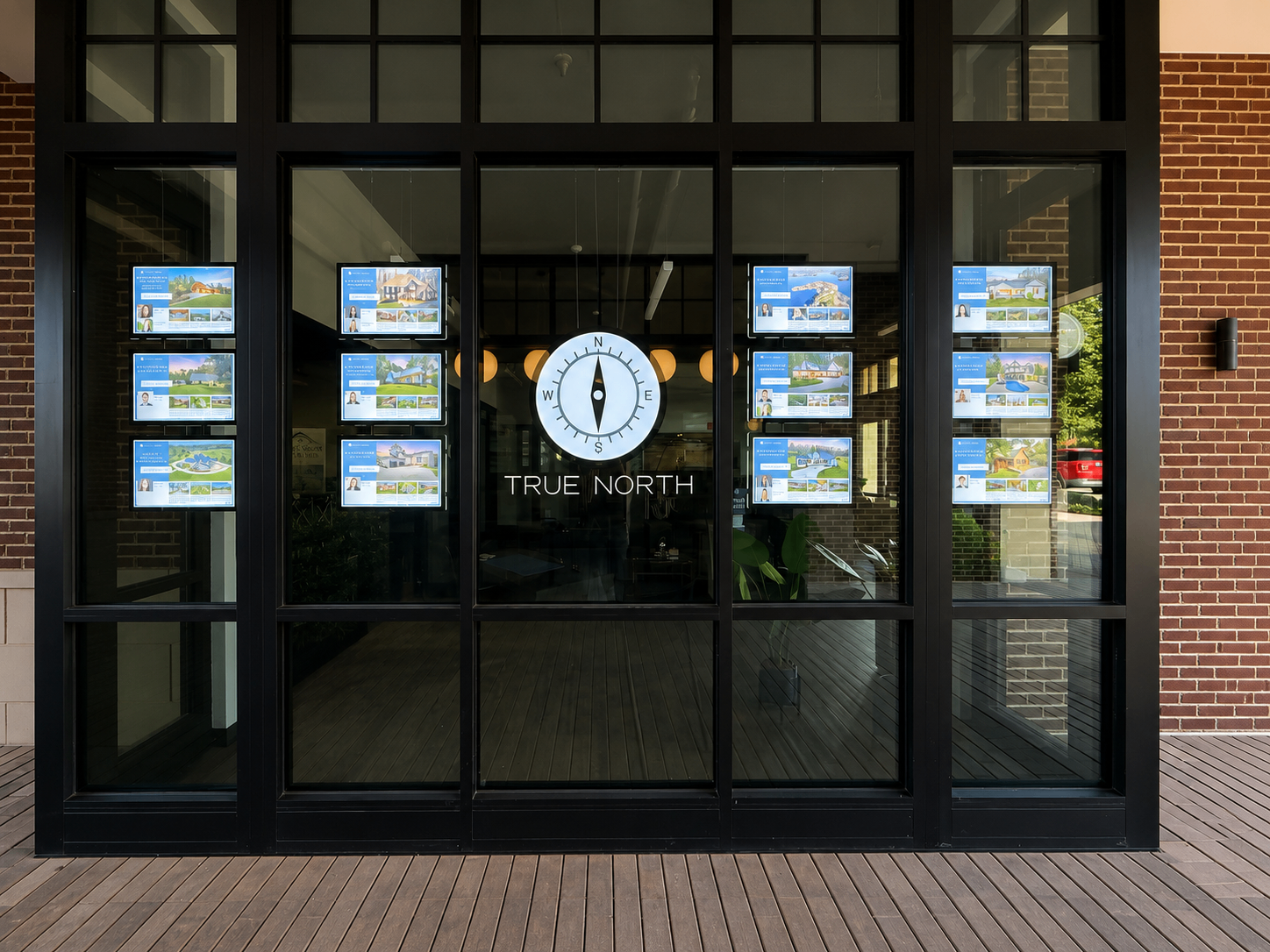 True North Realty street-facing window with live listing screens in downtown Hickory