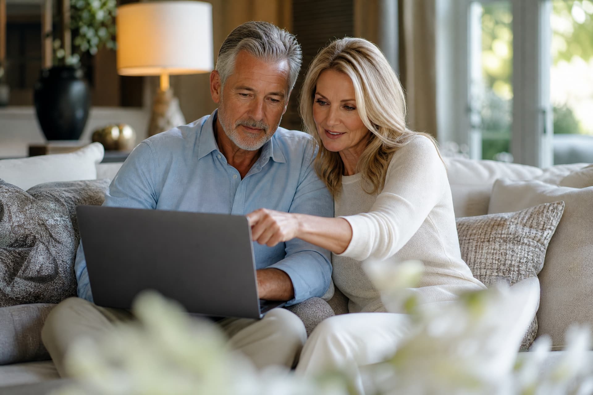 Couple browsing North Carolina home listings together on a laptop