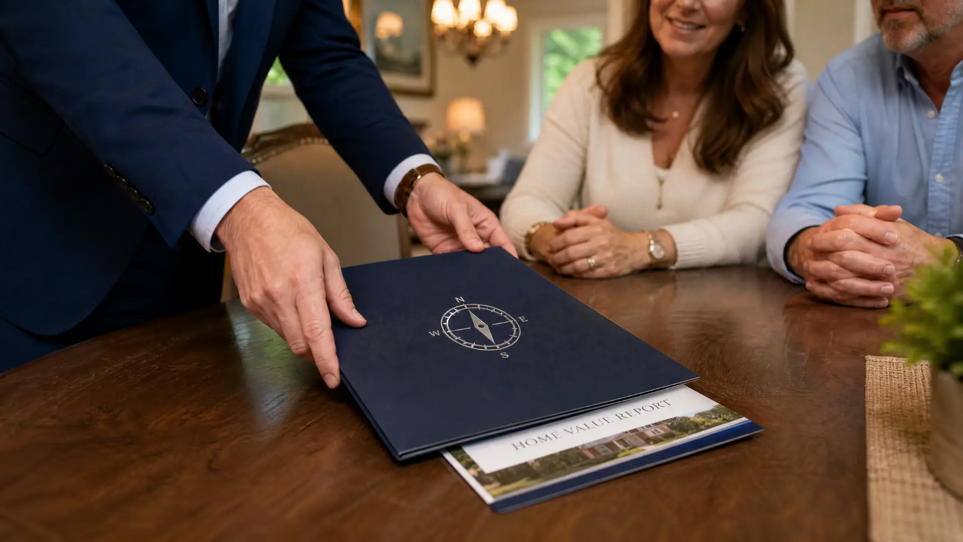 A True North Realty broker presenting a branded Home Value Report to a couple at a dining table